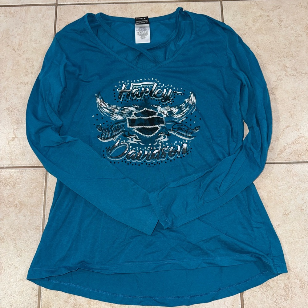Harley-Davidson Teal Long Sleeve V-Neck Graphic Tee Size L
